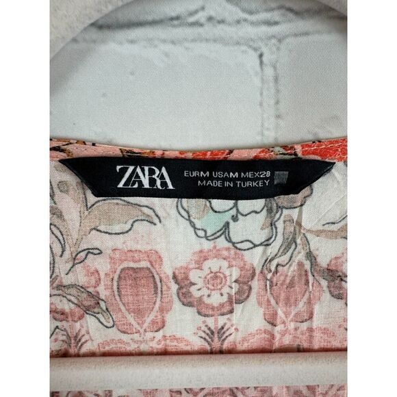 ZARA boho frill tasseled pink beige floral relaxed viscose tunic dress M NWOT - Picture 2 of 9